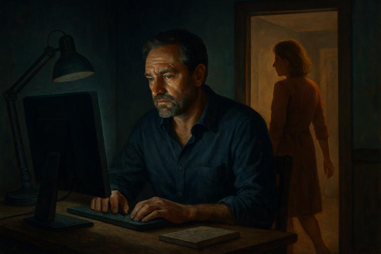 A man works intently at a computer in a dimly lit room, while a woman stands in the doorway behind him—each quietly wrestling with repentance and hopes of marital restoration.