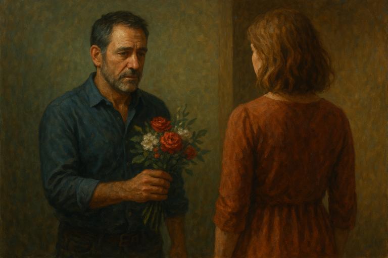 A man holding a bouquet of flowers faces a woman who won't accept them.