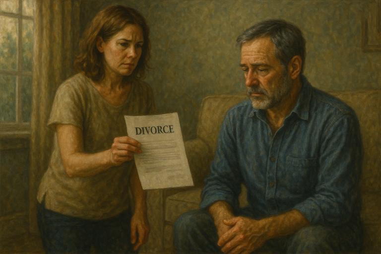 A woman stands holding a divorce document, while a man sits on a couch looking down with a sad expression in a dimly lit room, both weighed down by regret but longing for marital restoration through God's grace.