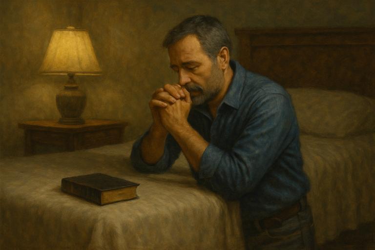 A man in a denim shirt kneels by his bed with hands clasped in prayer, seeking overcoming regret; a closed book rests on the bed near him, and a lit lamp sits on a bedside table.