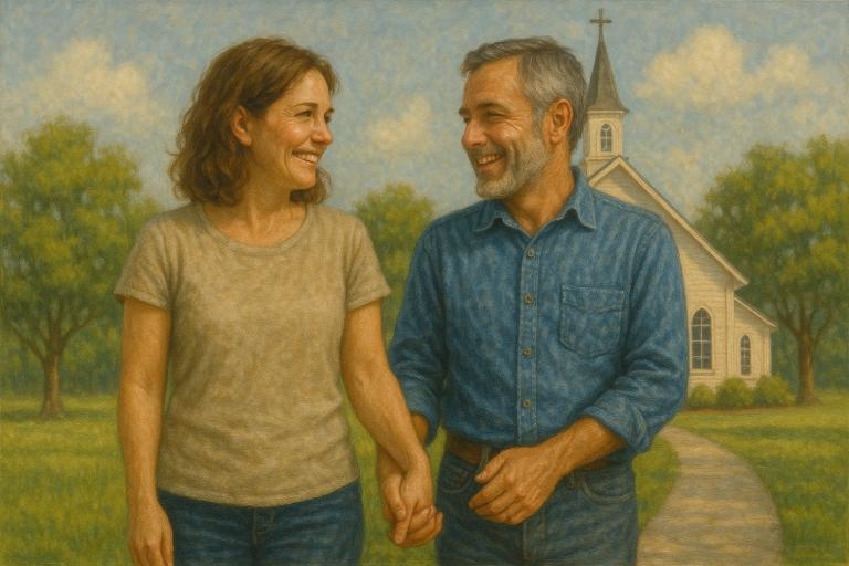 A middle-aged couple holds hands and smiles at each other while walking outside near a church on a sunny day, embracing their faith journey together.