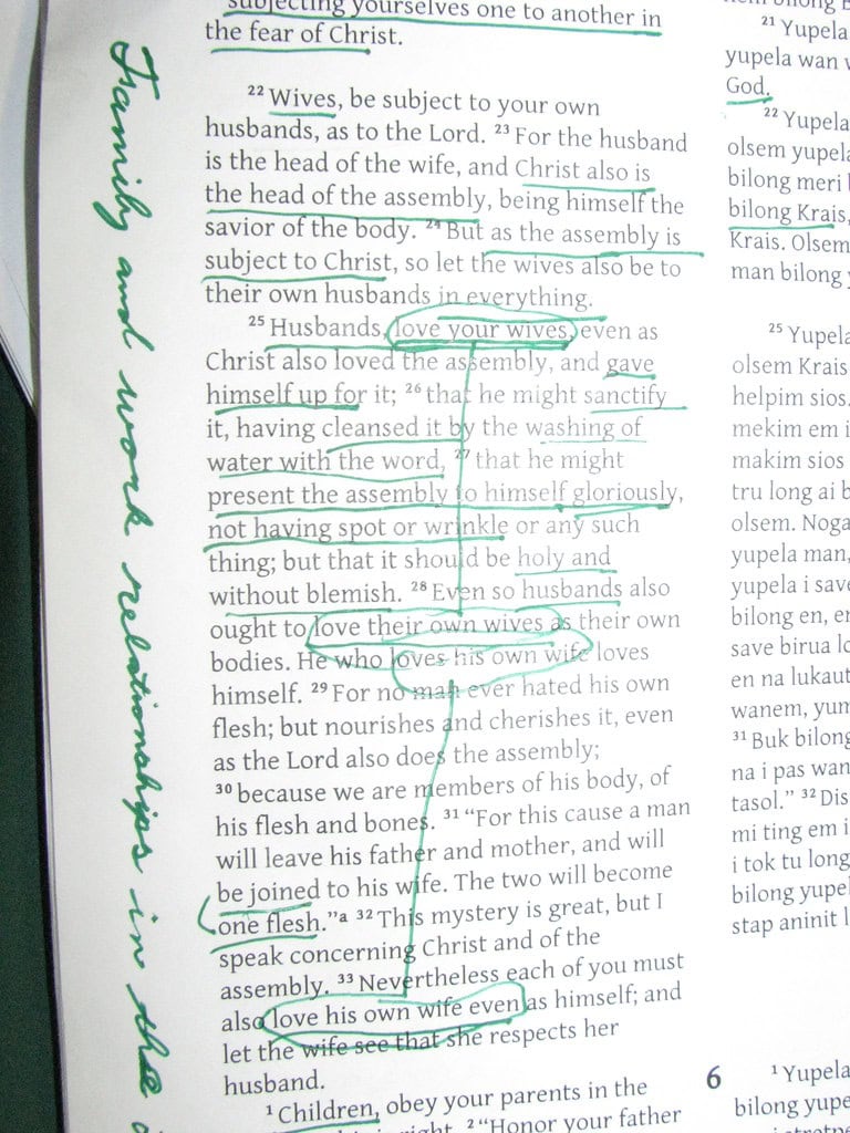 A page from a Bible used for Christian Education, with several passages in Ephesians 5:22-33 underlined and highlighted in green, plus handwritten notes in green pen along the margins. A page from a Bible study book, with handwritten notes in green ink highlighting verses about husbands and wives. Several sections are underlined, demonstrating thoughtful Biblical Education as phrases like "love your wives" are circled.