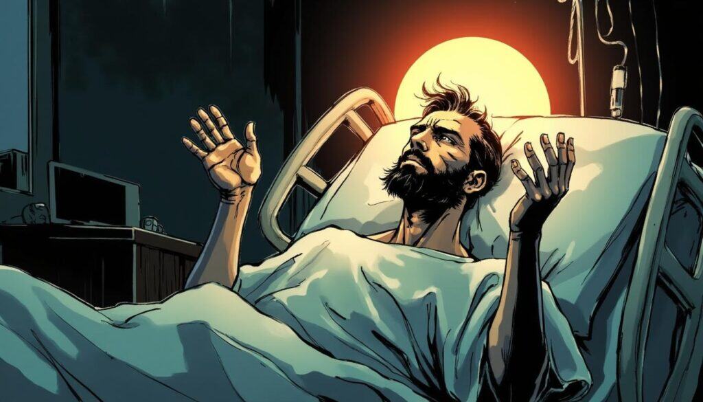 Artist rendering: Richie lies in a hospital bed with raised hands, looking upward, illuminated by a heavenly light, praying in faith for complete healing.