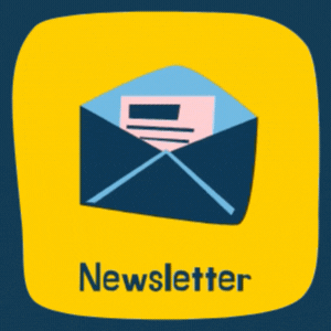 Illustration of an open blue envelope containing a letter, set against a yellow rounded square background with "Newsletter Popup" written below.