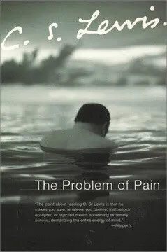 A black-and-white book cover for "The Problem of Pain" by C.S. Lewis, featuring a person partially submerged in water, facing away from the camera, with the author's name and book title overlaid—a striking image perfect for any book review.