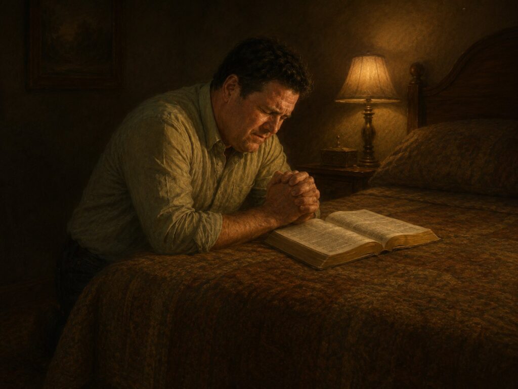 A man kneels beside his bed with his hands clasped in prayer over an open book, likely a Bible, on the bed, illuminated by the warm light of a bedside lamp in a softly lit bedroom.